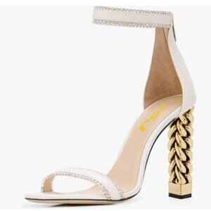 FSJ White Rhinestones Gold Metal Chain Chunky High Heels Ankle Strap Sandals